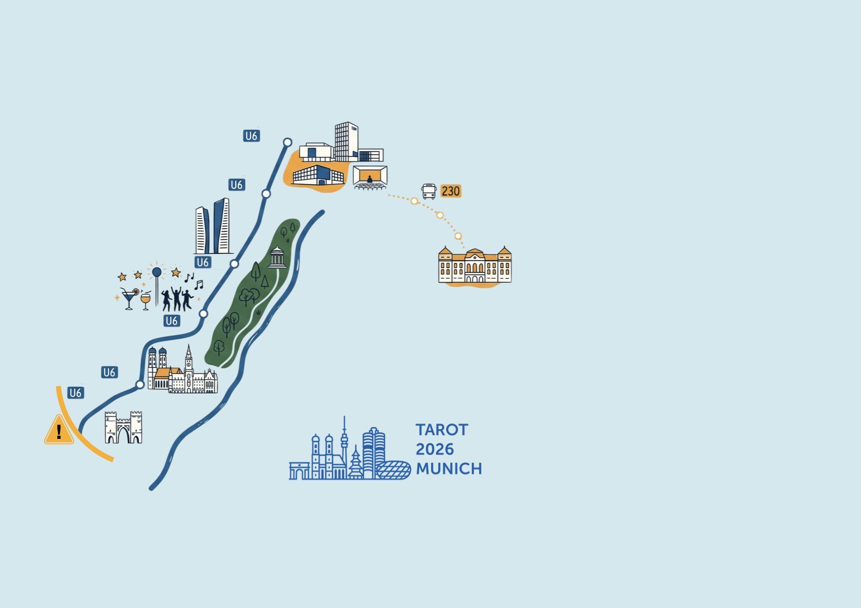 Stylised accommodation map from Munich city centre to Garching and TUM Campus